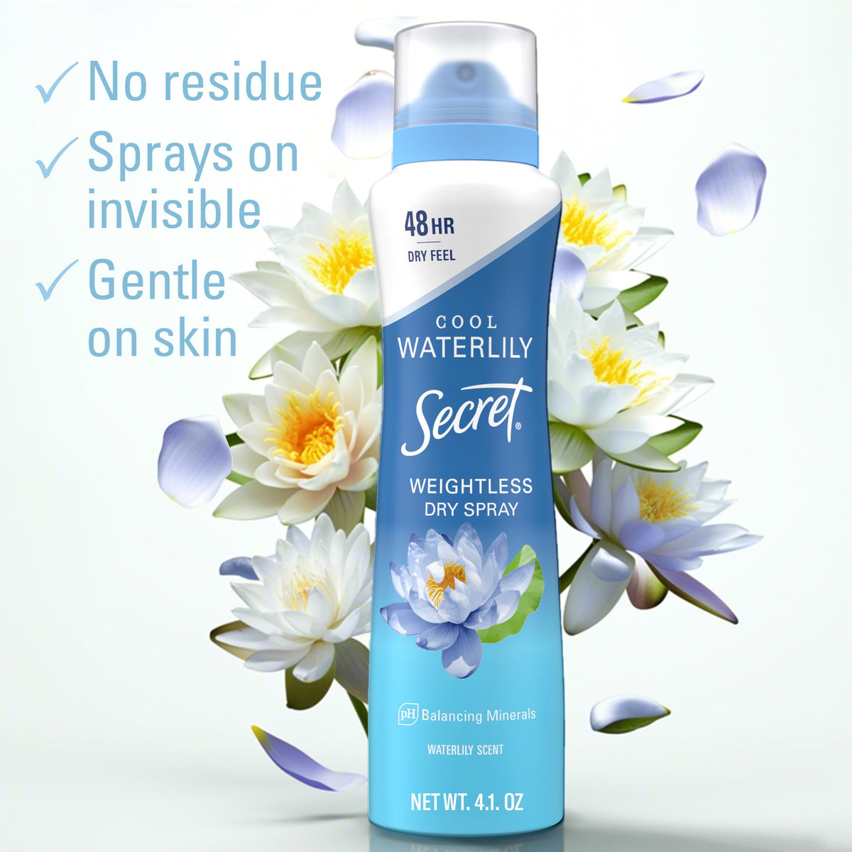 Secret Dry Spray Antiperspirant Deodorant back view, 4.1 oz packaging