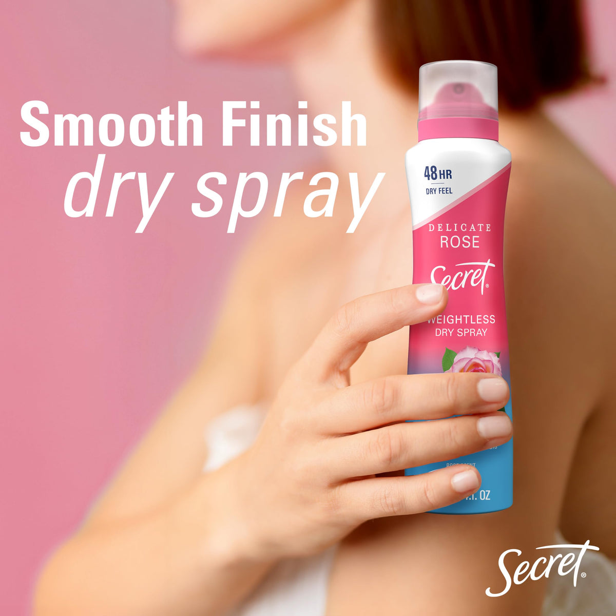 Secret Dry Spray Antiperspirant Deodorant packaging on a vanity