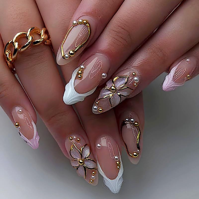 SEENEEY Almond Press on Nails 24pcs front view with 3D flowers