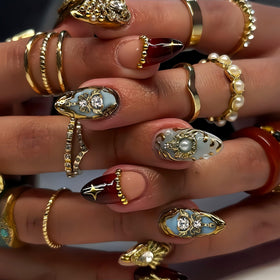 SEENEEY Almond Press on Nails 24pcs gold design front view