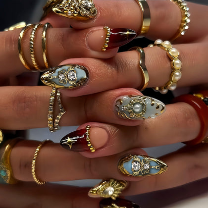 SEENEEY Almond Press on Nails 24pcs gold design front view