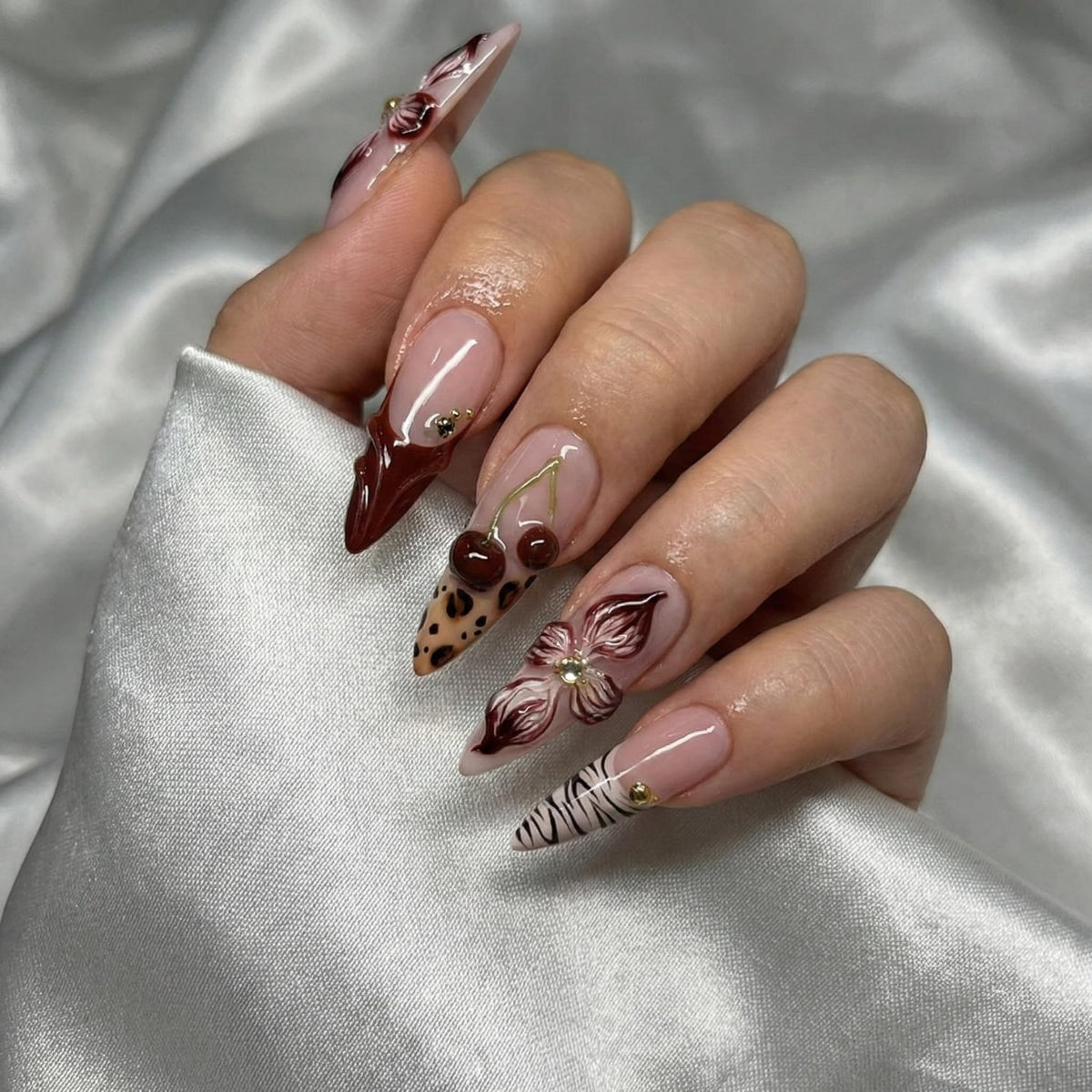 SEENEEY Almond Press on Nails 24pcs red floral design front view