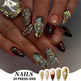 SEENEEY Almond Press on Nails close-up of rhinestone detail
