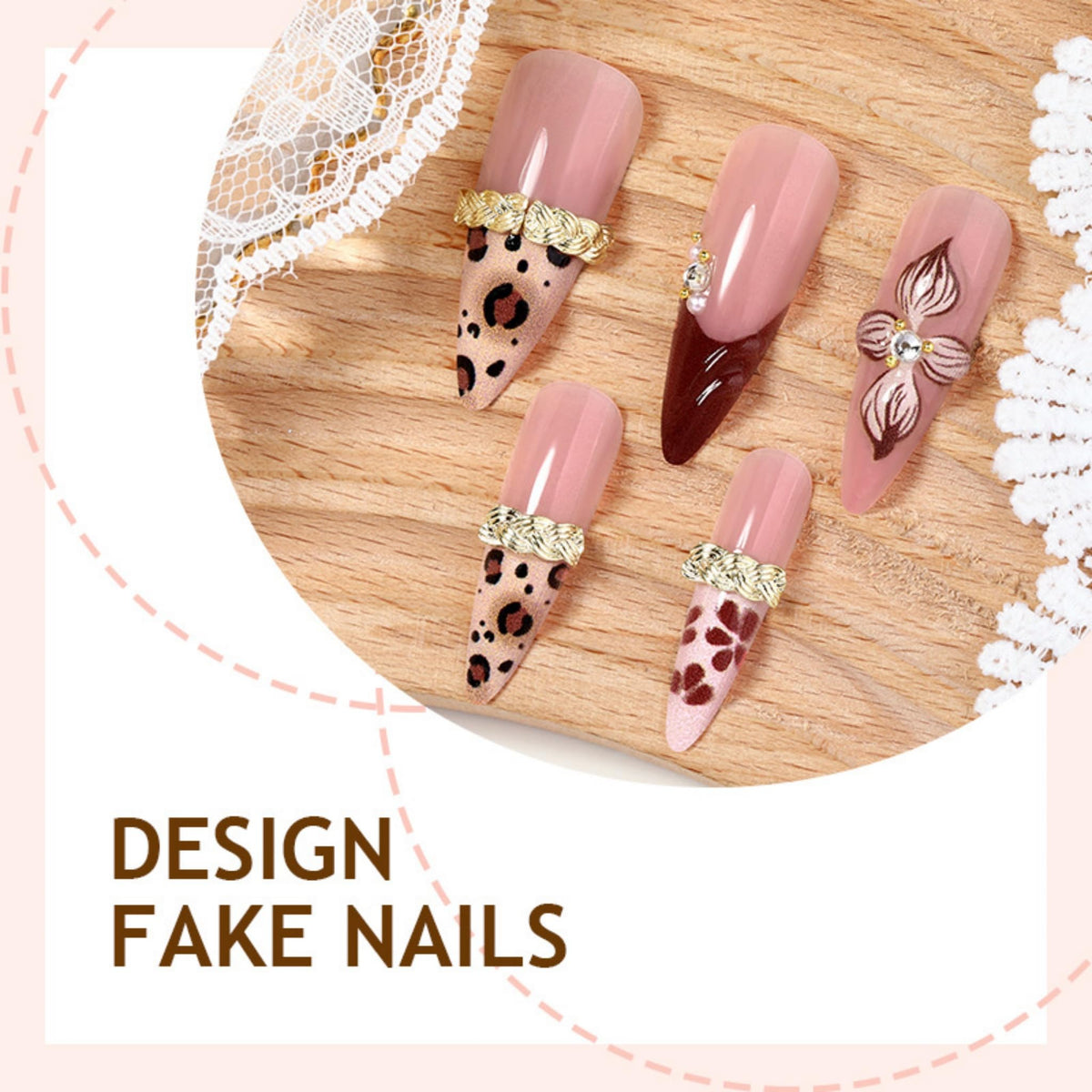 SEENEEY Almond Press on Nails displayed with adhesive tape