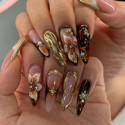 SEENEEY Almond Press On Nails in floral design front view