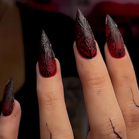 SEENEEY Long Almond Press on Nails dark red with spider web designs front view