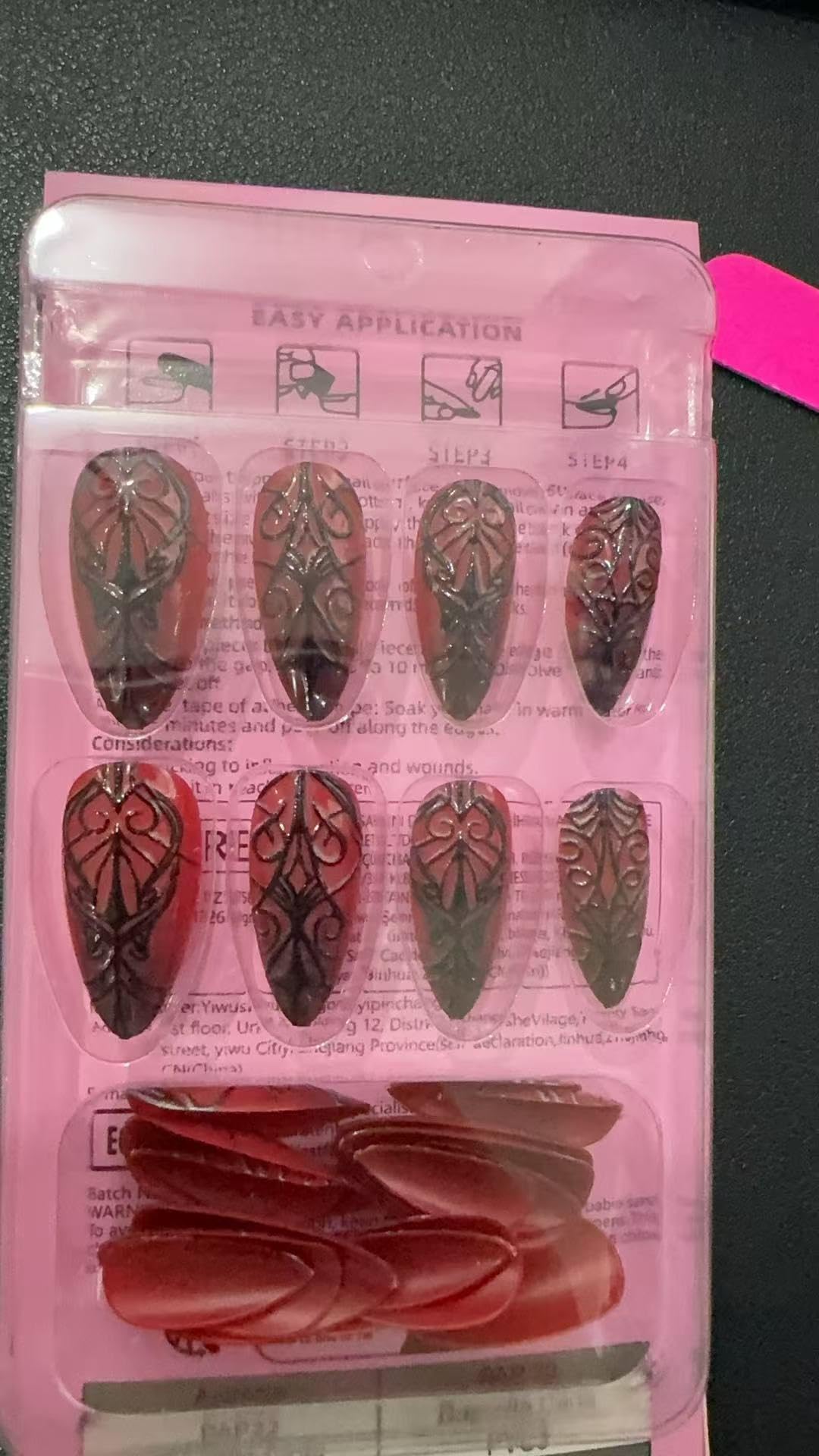 SEENEEY Long Almond Press on Nails displayed on a hand