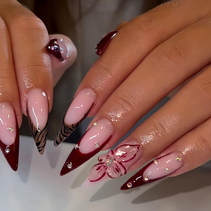 SEENEEY Long Press on Nails Stiletto 24pcs with floral design front view