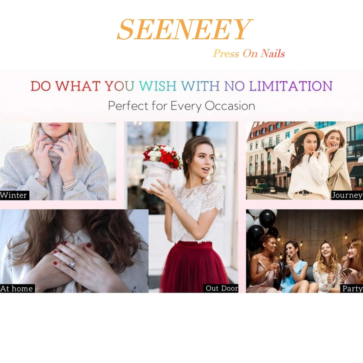 SEENEEY Long Stiletto Press On Nails in use on fingers