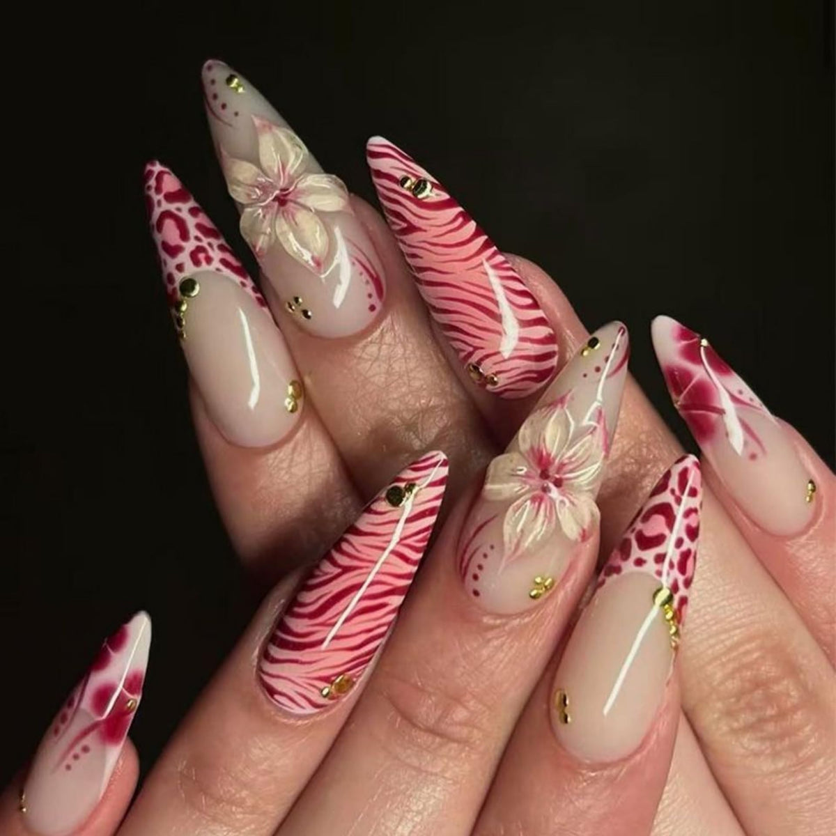 SEENEEY Long Stiletto Press On Nails Pink Flowers front view