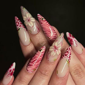 SEENEEY Long Stiletto Press On Nails Pink Flowers front view