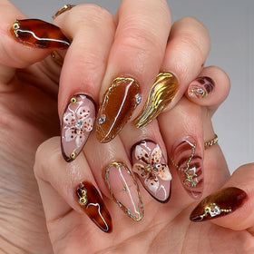 SEENEEY Medium Almond Press on Nails brown floral design front view