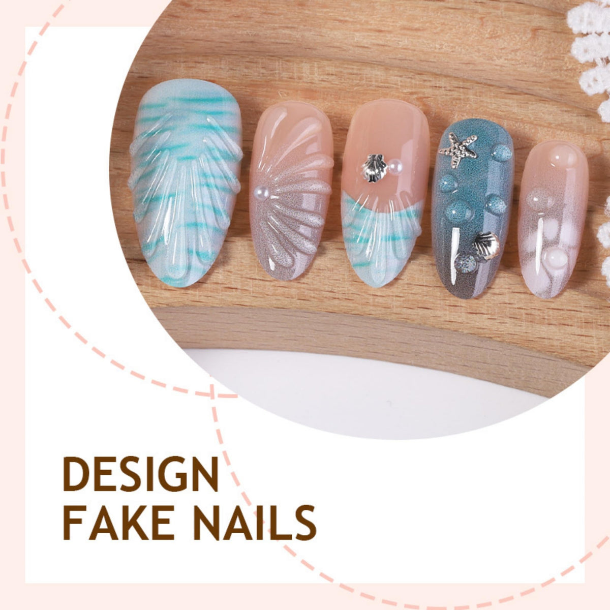 SEENEEY Medium Press on Nails with starfish charms close-up