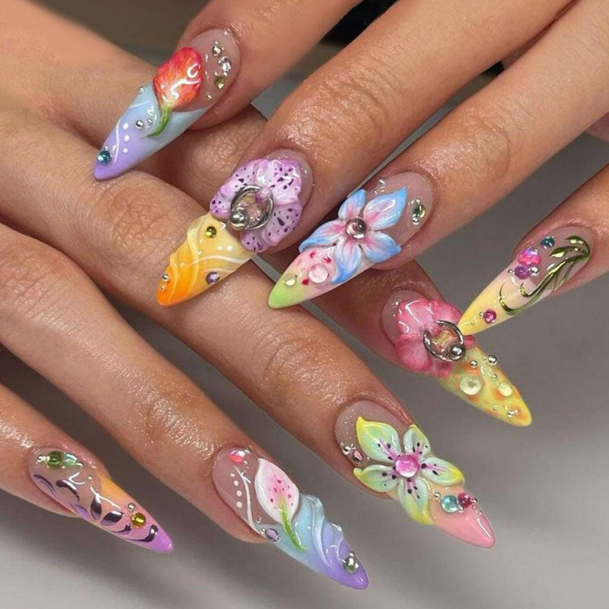 SEENEEY Press On Nails almond floral design front view
