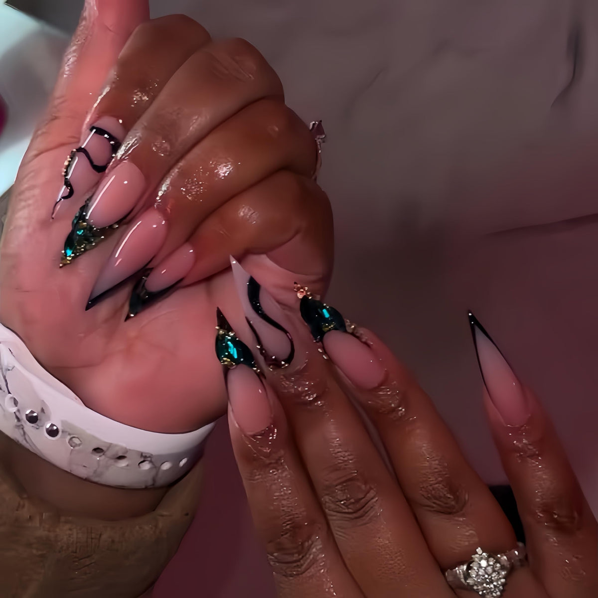 SEENEEY stiletto press on nails in pink with green rhinestones