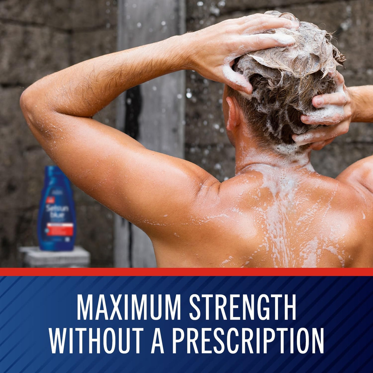 Selsun Blue shampoo in hand for application