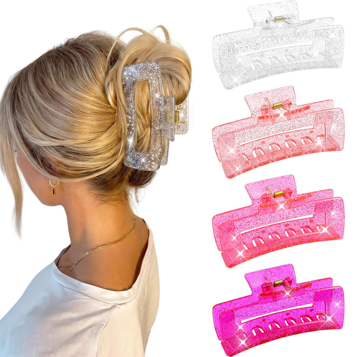 SEMATA 4Pcs Pink Clear Hair Claw Clips front view