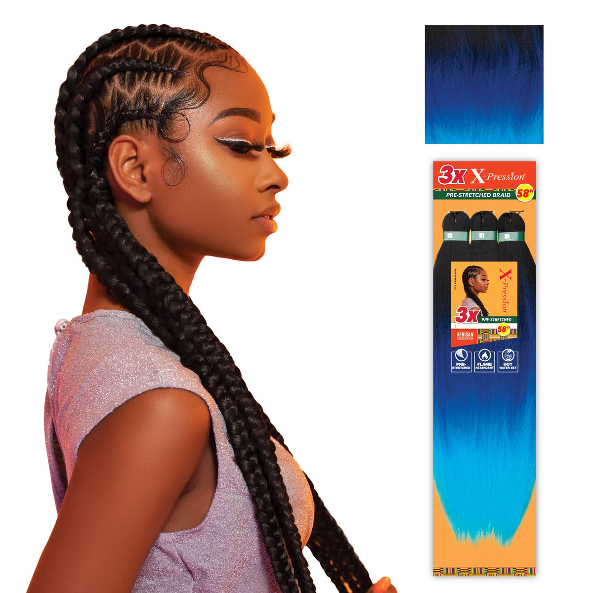 Sensationnel X-Pression Braids 58in front view in 3T1B/DBLUE/LBLUE