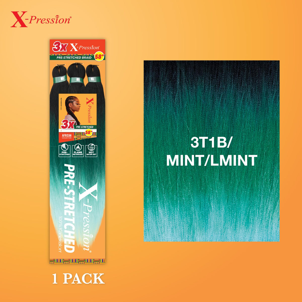 Sensationnel X-Pression Pre-Stretched Braids 58in in 3T1B/MINT packaging