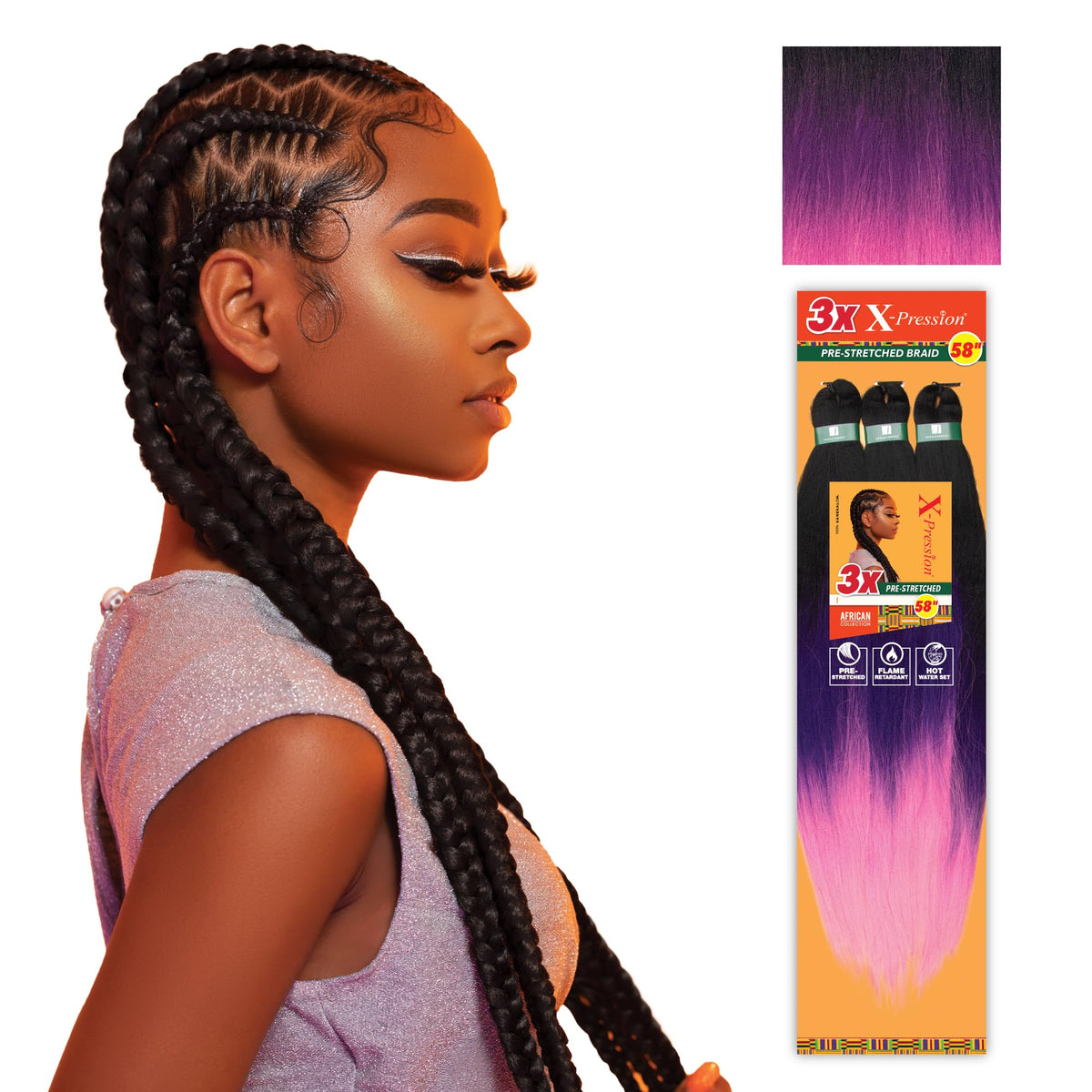 Sensationnel X-Pression Pre-Stretched Braids 58in Purple/Pink packaging