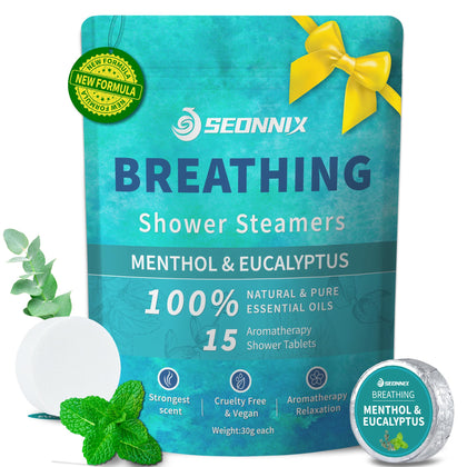 SEONNIX Shower Steamers 15 Pack in packaging with menthol and eucalyptus scent