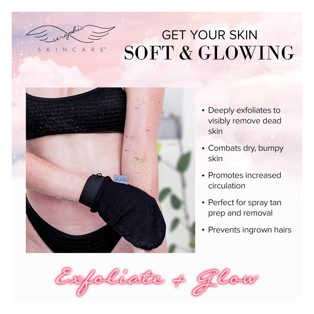 SERAPHIC SKINCARE Original Premium Exfoliating Mitt hanging for drying