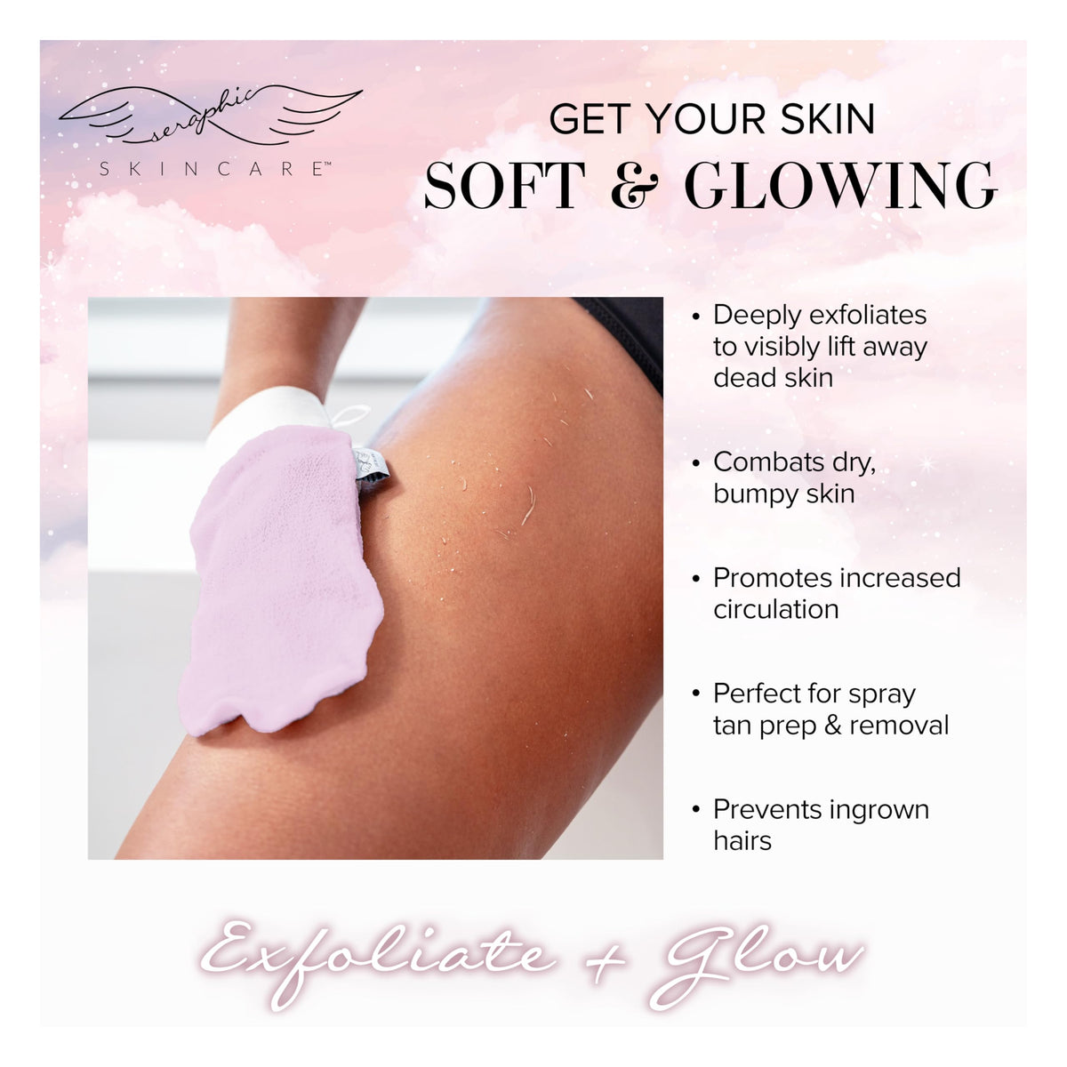 SERAPHIC SKINCARE Pink Premium Exfoliating Mitt hanging loop