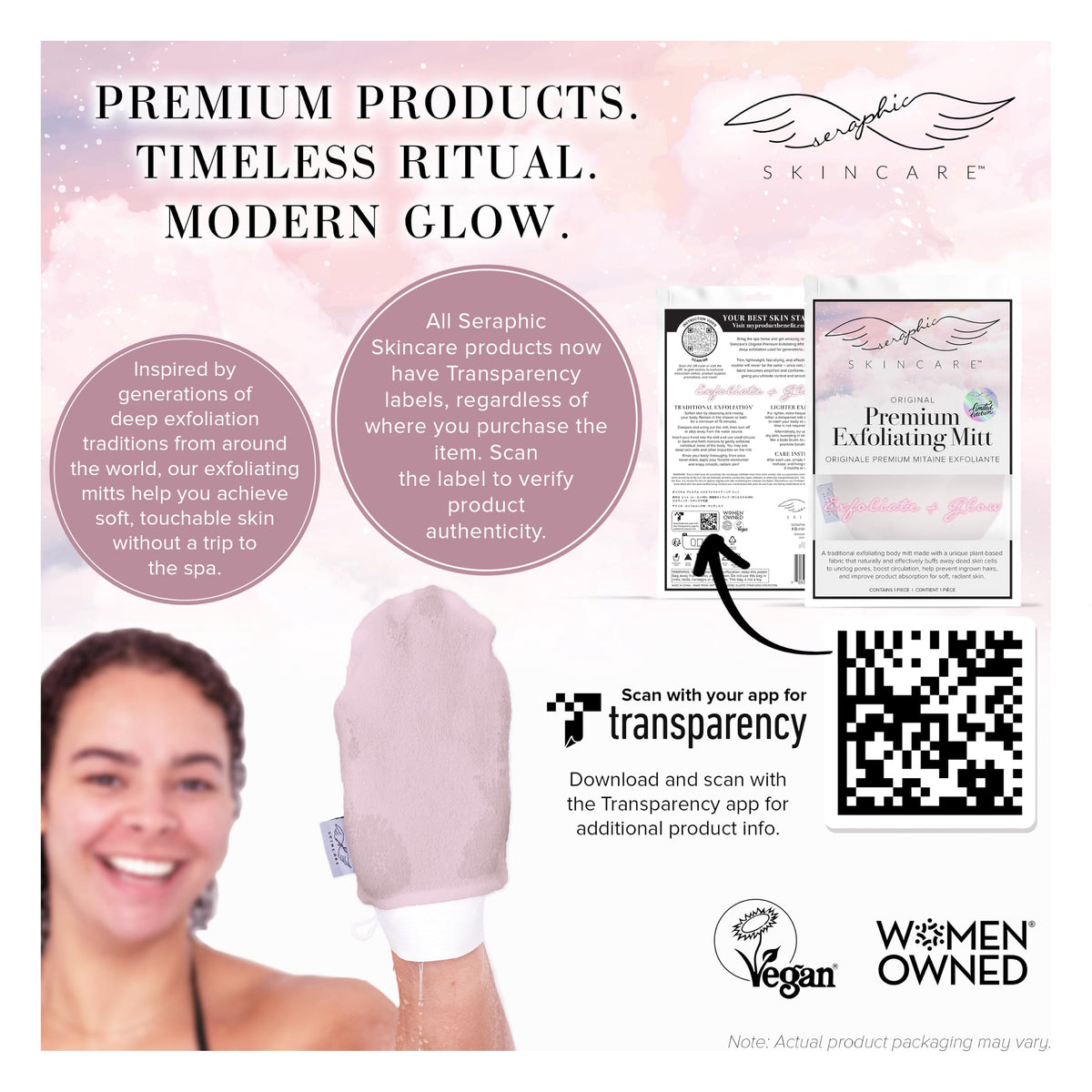 SERAPHIC SKINCARE Pink Premium Exfoliating Mitt with instructions
