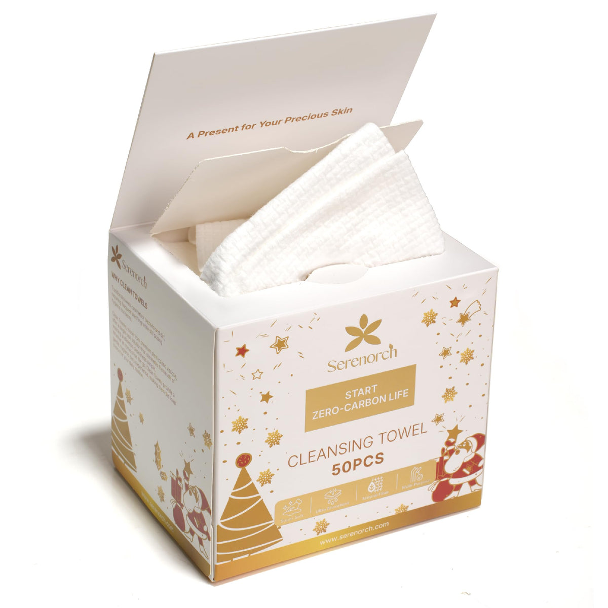Serenorch Christmas Disposable Face Towels XL 50 Count front view with festive packaging