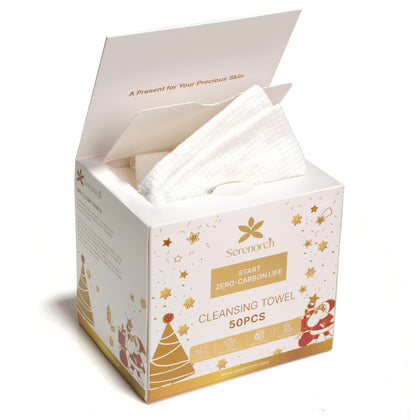 Serenorch Christmas Disposable Face Towels XL 50 Count front view with festive packaging