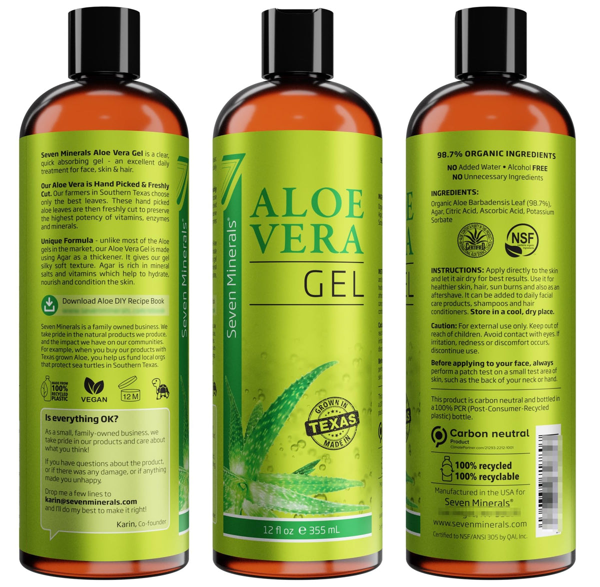 Seven Minerals Aloe Vera Gel back view with ingredient list