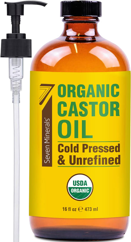 Seven Minerals Organic Castor Oil 16oz glass bottle front view