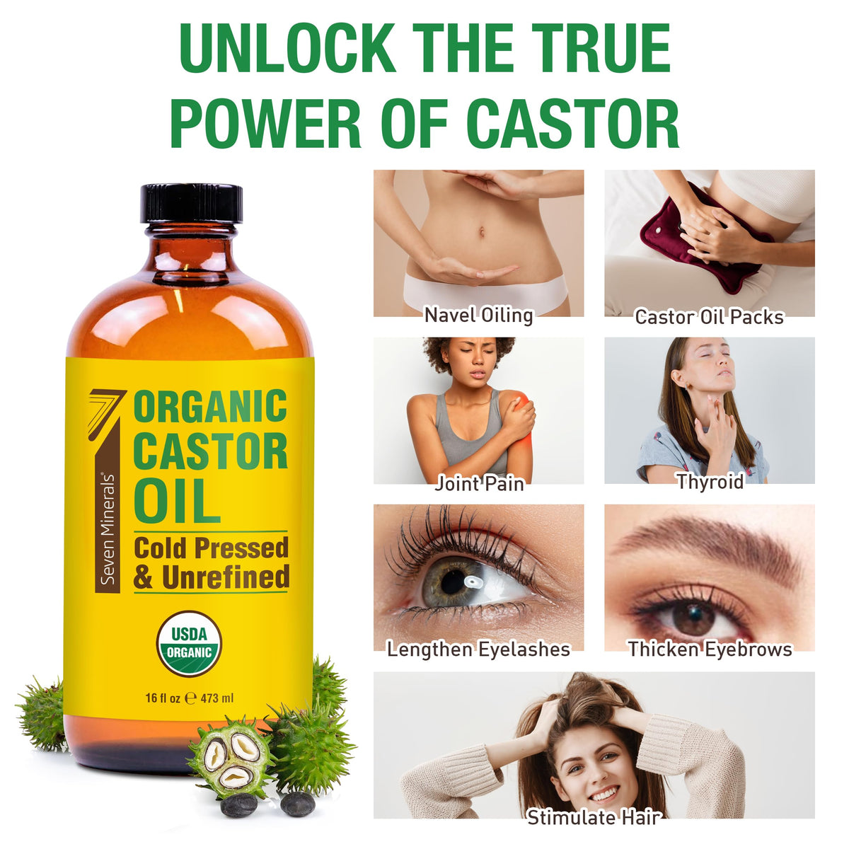 Seven Minerals Organic Castor Oil in lifestyle setting