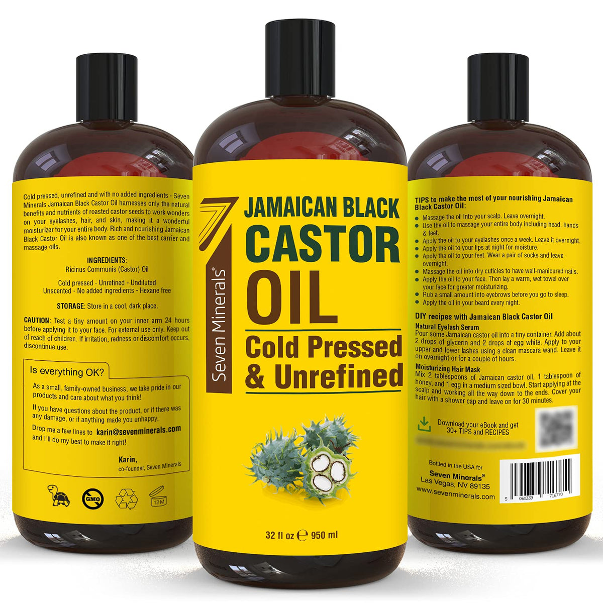Seven Minerals Pure Jamaican Black Castor Oil 32 fl oz in a bathroom setting