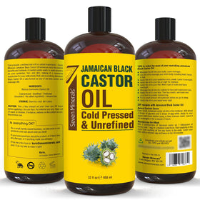 Seven Minerals Pure Jamaican Black Castor Oil 32 fl oz in a bathroom setting