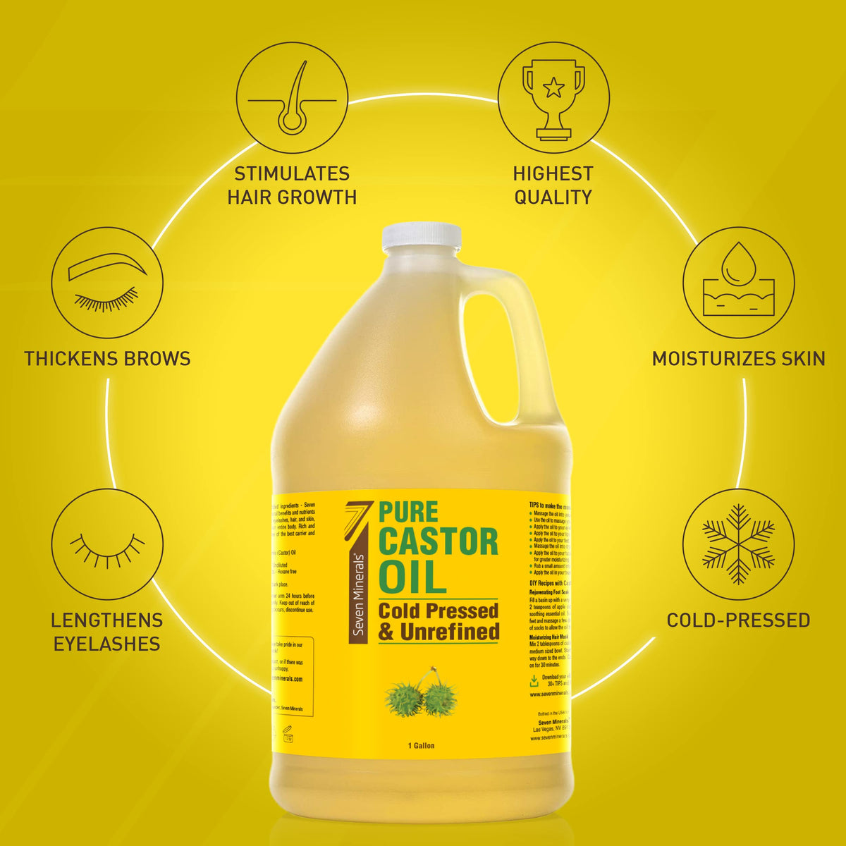 Seven Minerals Unrefined Castor Oil 128 fl oz side view