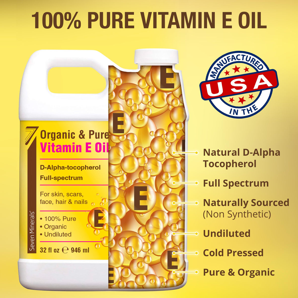 Seven Minerals Vitamin E Oil 32oz jug side view