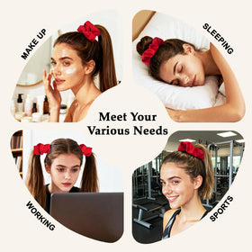 SEVEN STYLE red satin scrunchie in a bun hairstyle