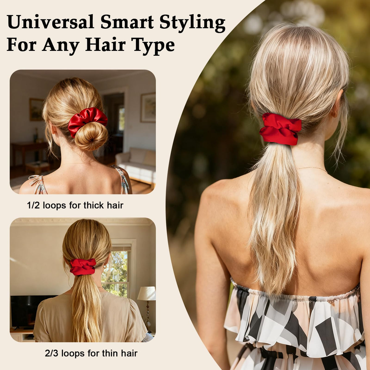 SEVEN STYLE red satin scrunchies displayed on a table