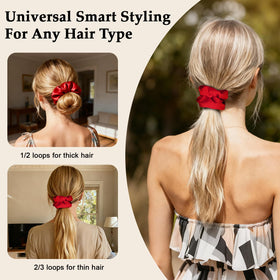 SEVEN STYLE red satin scrunchies displayed on a table