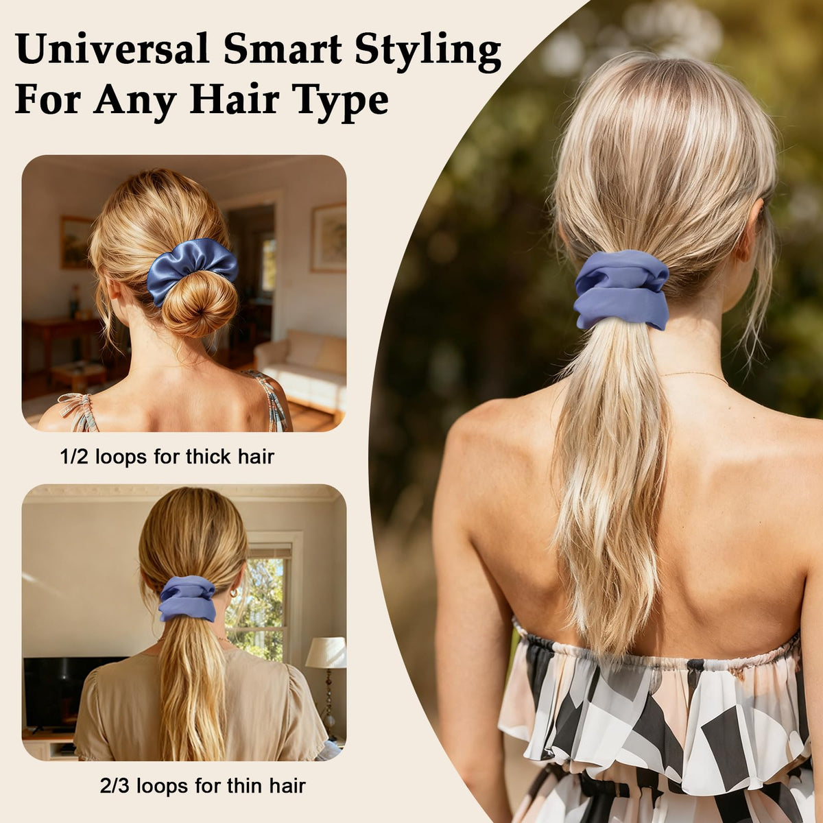 SEVEN STYLE satin scrunchies displayed on a table
