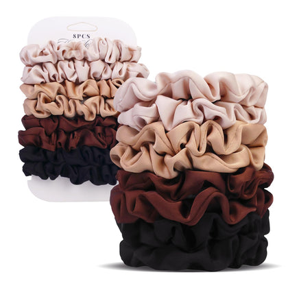 SEVEN STYLE Ultra-Petite Satin Scrunchies in black, blonde, dark brown, and light brown