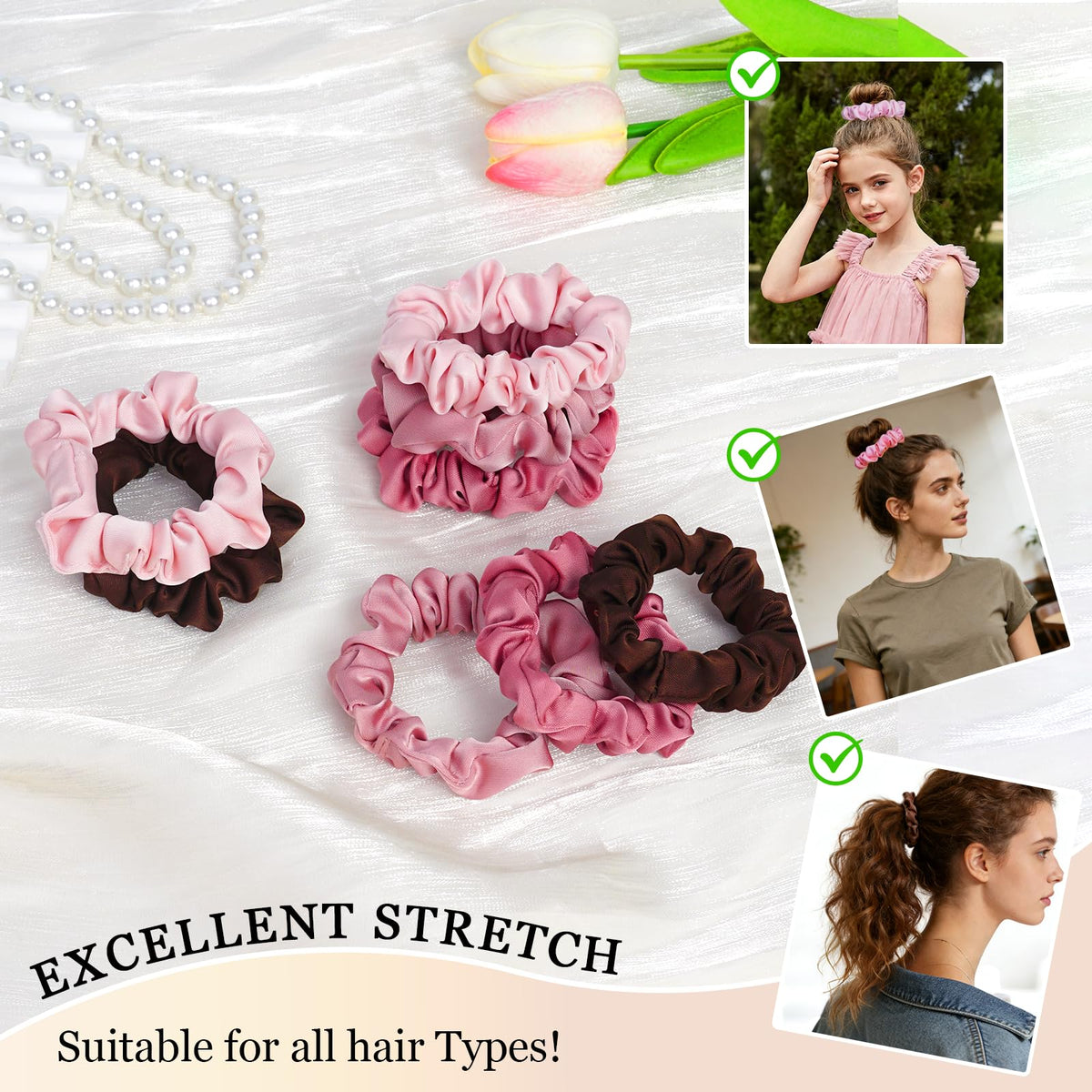 SEVEN STYLE Ultra-Petite Satin Scrunchies on a wrist