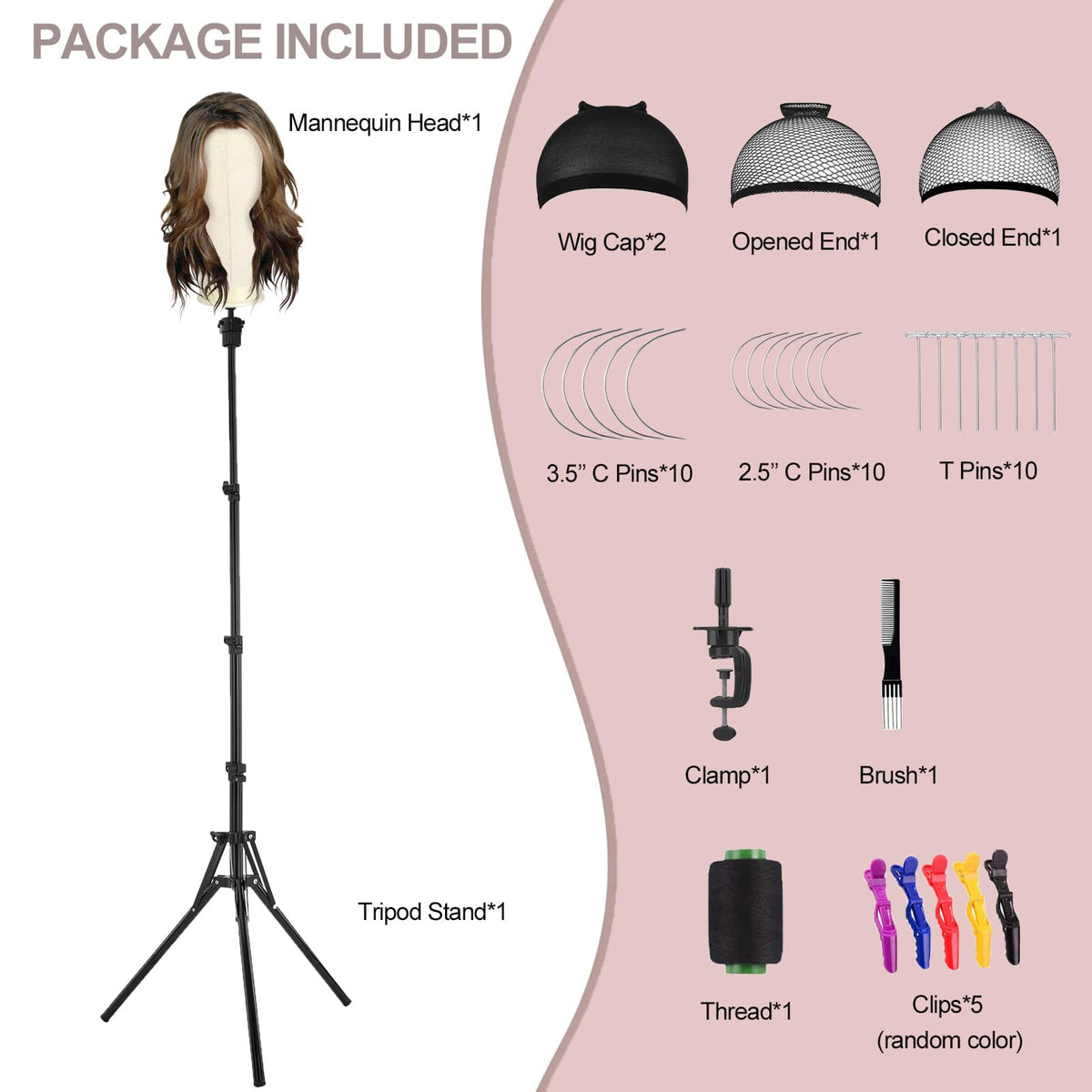 Sewing thread and clips from the wig head set