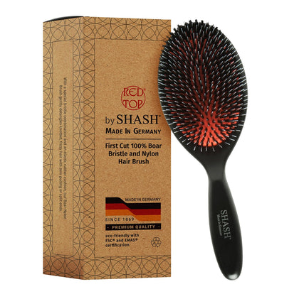 SHASH Boar Bristle Brush front view with wooden handle