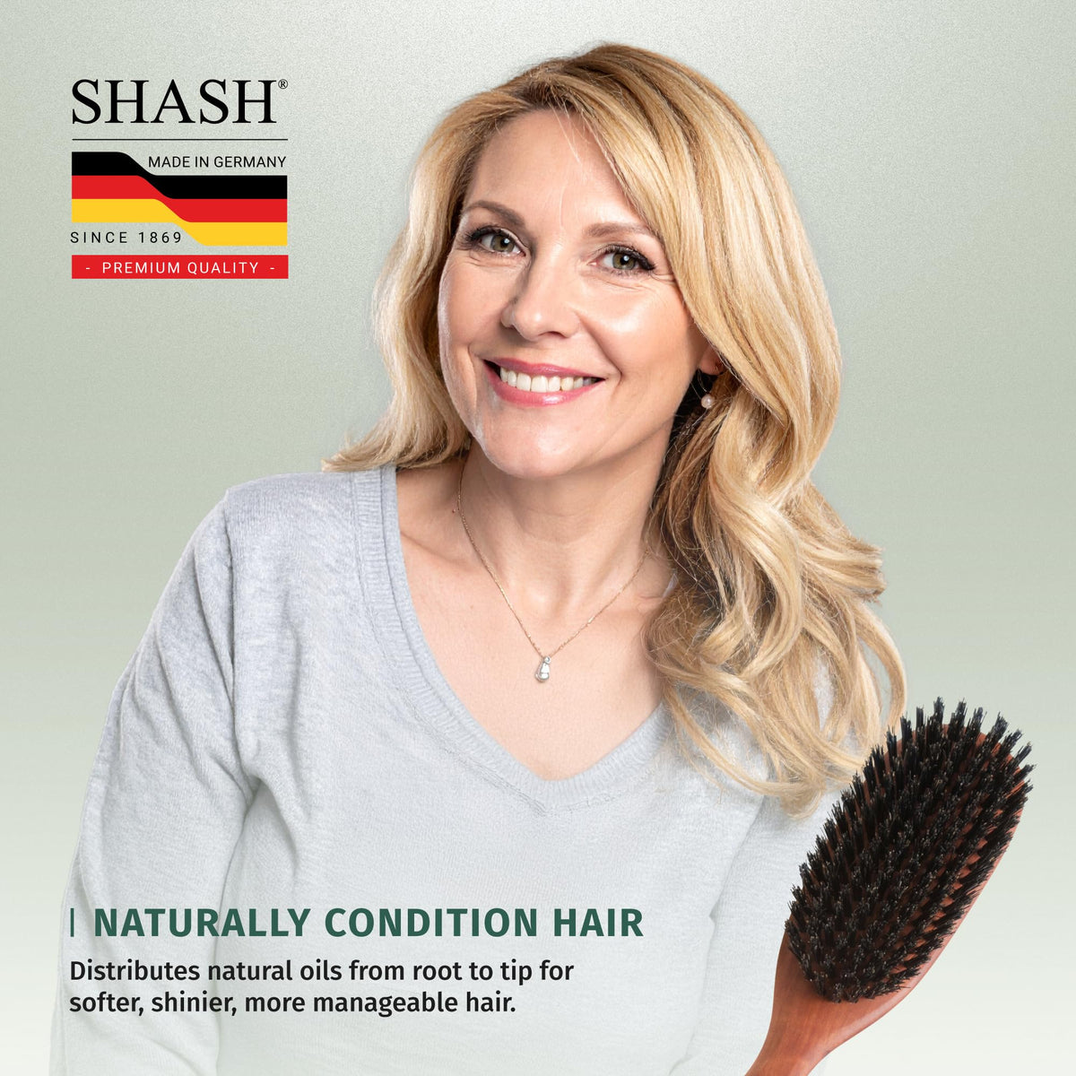 SHASH Classic German Boar Bristle Hair Brush in use