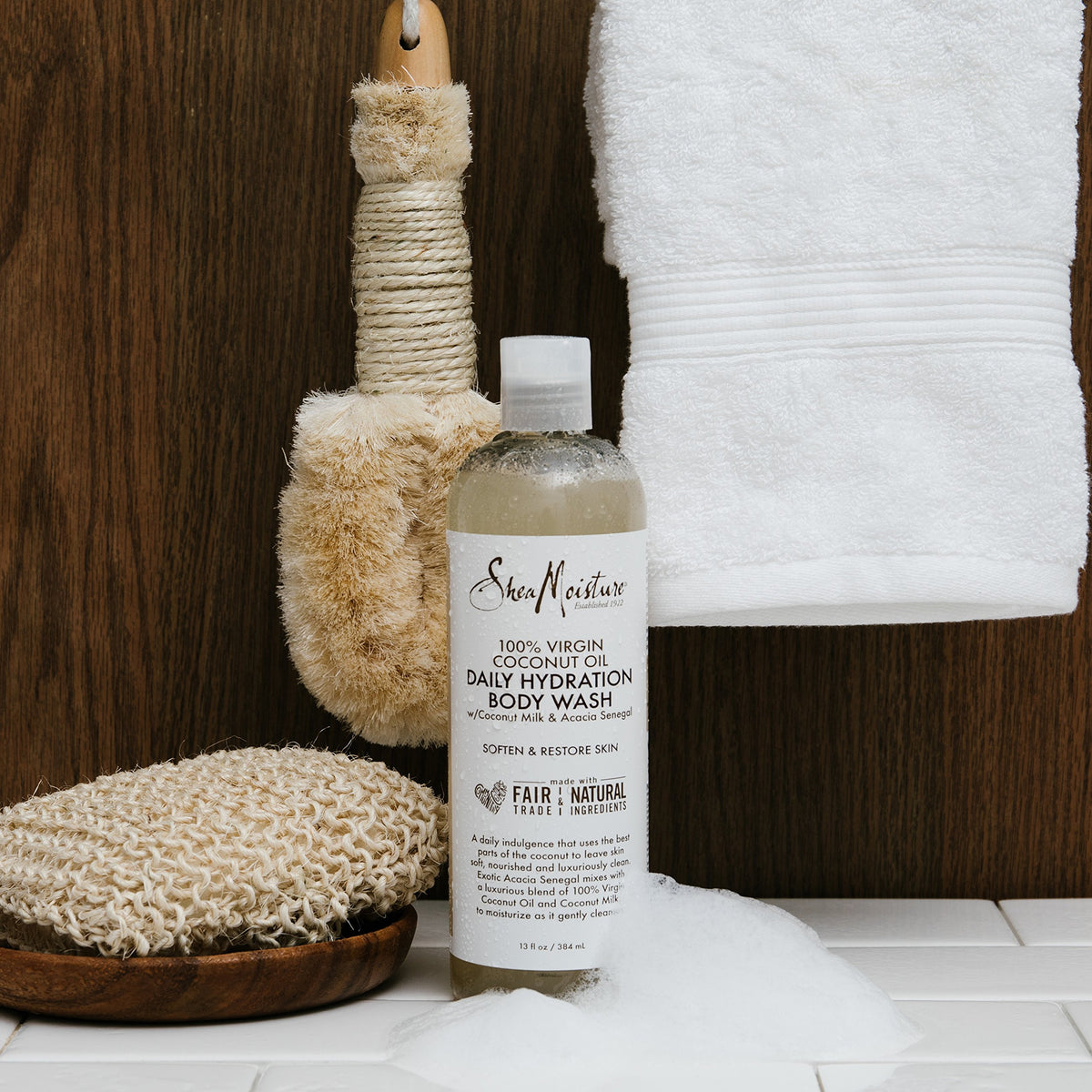 Shea Moisture Coconut Oil Body Wash in a bathroom setting