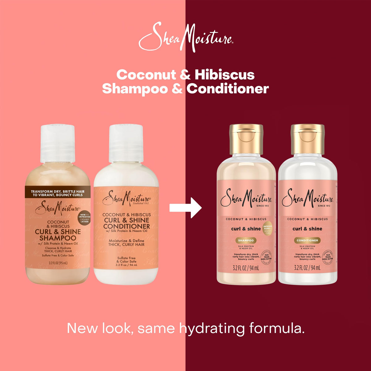 Shea Moisture Curl & Shine Shampoo and Conditioner in bathroom setting