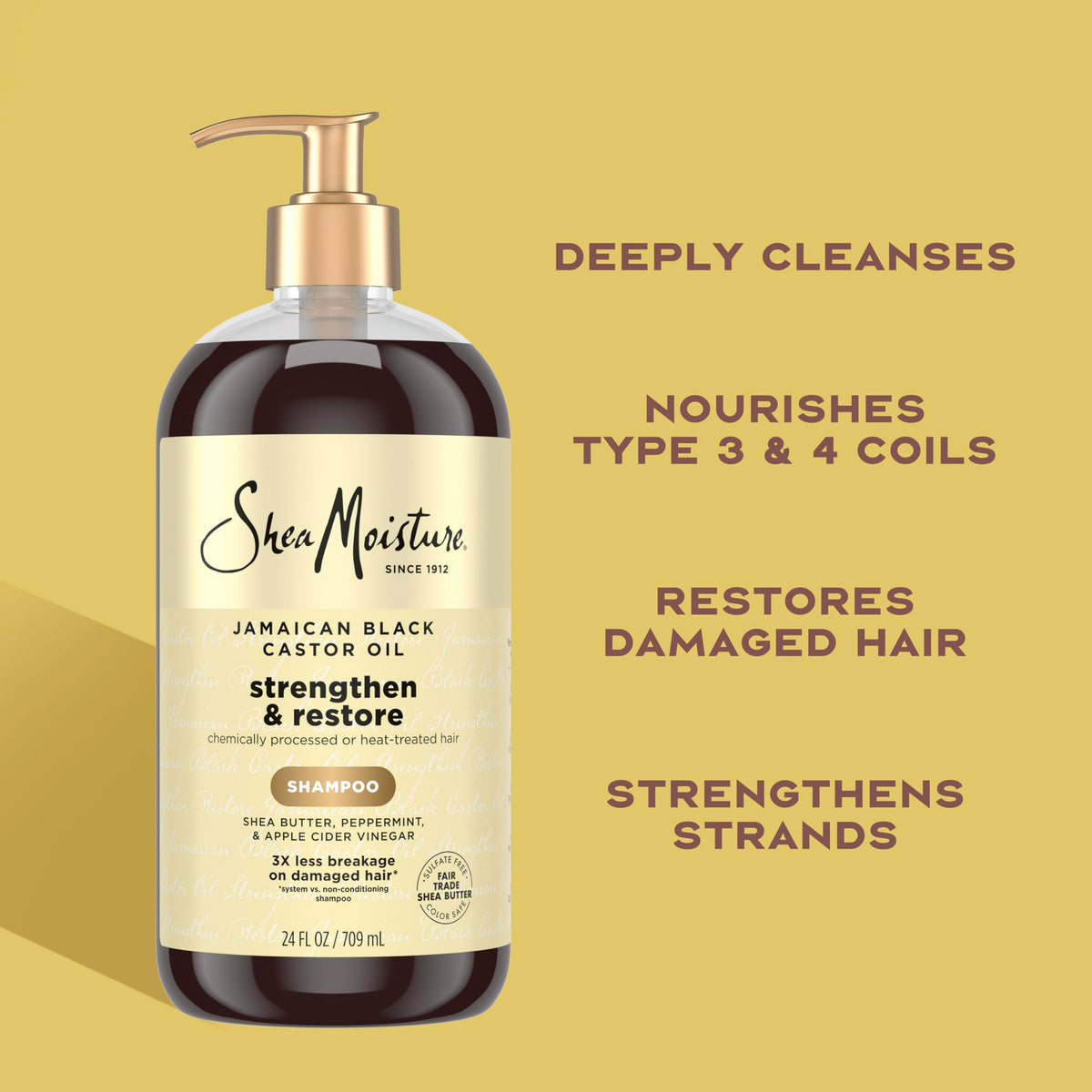 Shea Moisture shampoo on a bathroom shelf