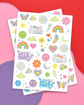 Sheet of 82 glow in the dark temporary tattoos with vibrant designs